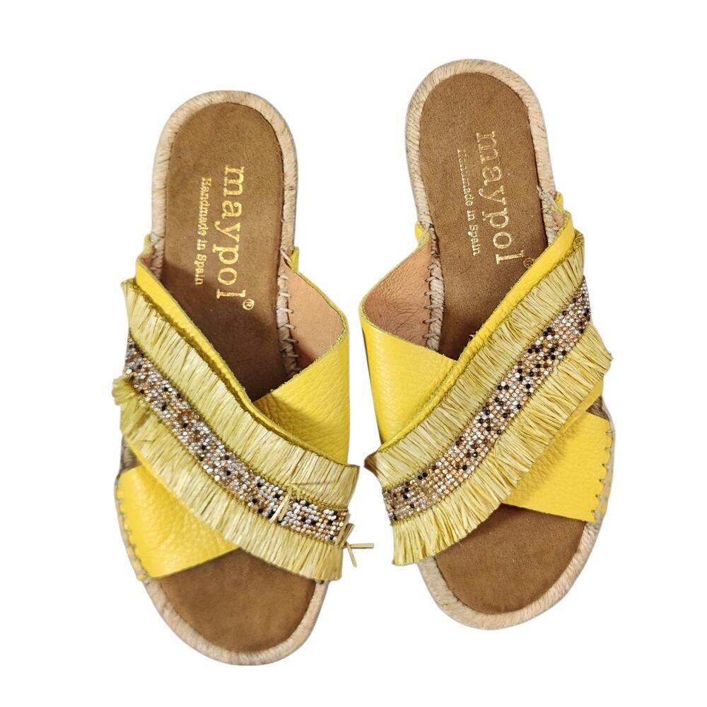Maypol‎ Handmade Spain Yellow Leather Fringe Rhinestone Sandals EU 36 Espadrille